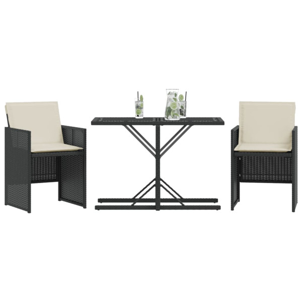 3 pcs conjunto de bistrô com almofadões vime PE preto M 3