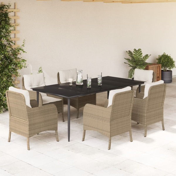7 pcs conjunto de jantar p/ jardim com almofadões vime PE bege D