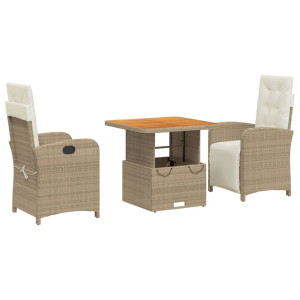 Set comedor de jardín 3 pzas con cojines ratán sintético beige H