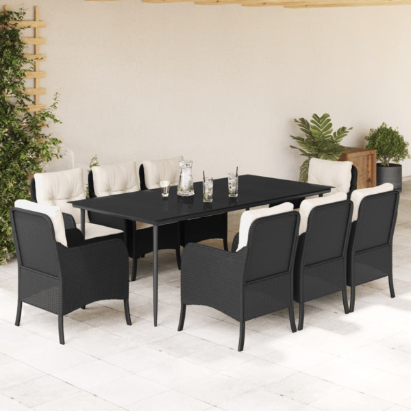 9 pcs conjunto de jantar p/ jardim c/ almofadões vime PE preto D