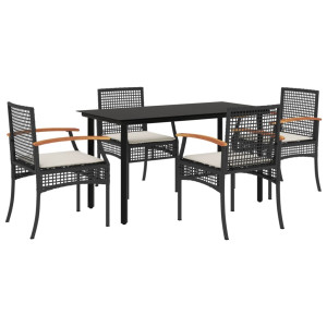 5 pcs conjunto de jantar p/ jardim c/ almofadões vime PE preto H