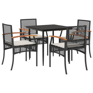 5 pcs conjunto de jantar p/ jardim c/ almofadões vime PE preto H