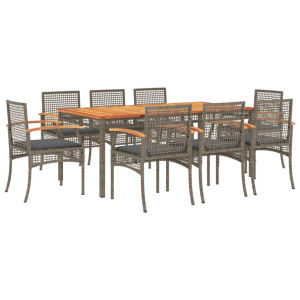 Set comedor jardín 9 pzas y cojines ratán sintético gris H