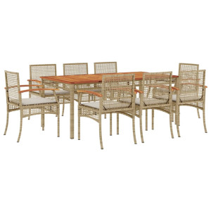 Set comedor de jardín 9 pzas con cojines ratán sintético beige H