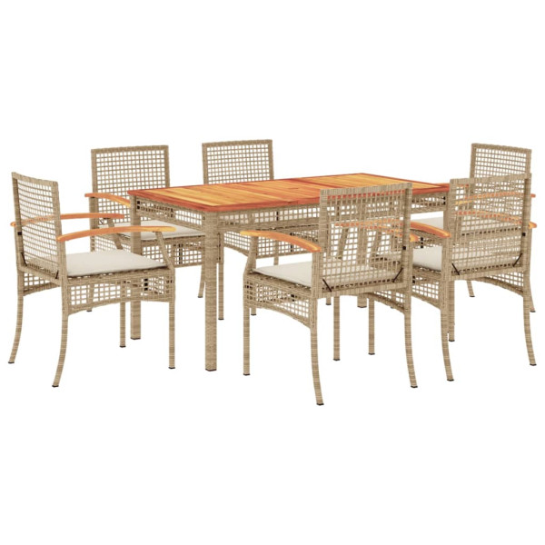 Set comedor de jardín 7 pzas con cojines ratán sintético beige D