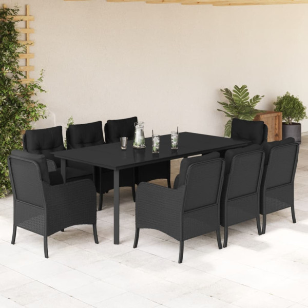 Set de comedor de jardín 9 pzas y cojines ratán sintético negro D