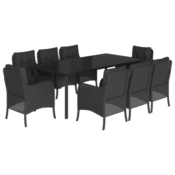 9 pcs conjunto de jantar p/ jardim c/ almofadões vime PE preto M 2