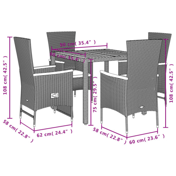 5 pcs conjunto de jantar p/ jardim c/ almofadões vime PE preto M 5