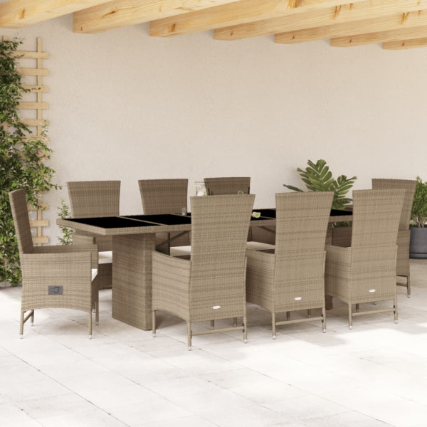 Set comedor de jardín 9 pzas con cojines ratán sintético beige D