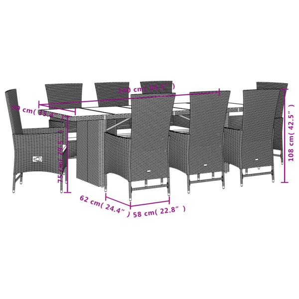 9 pcs conjunto de jantar p/ jardim com almofadões vime PE bege M 5