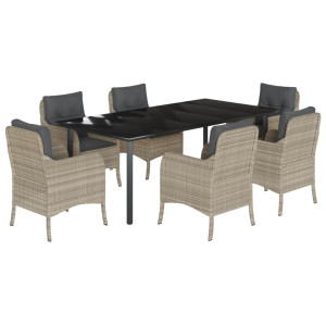 Set comedor jardín 7 pzas y cojines ratán sintético gris claro H