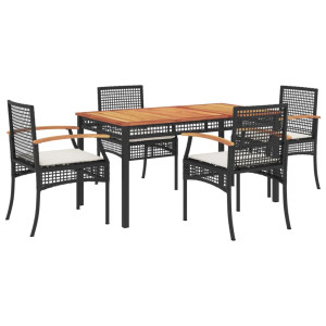 5 pcs conjunto de jantar p/ jardim c/ almofadões vime PE preto H