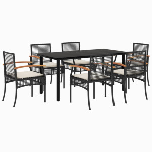Set de comedor de jardín 7 pzas y cojines ratán sintético negro H
