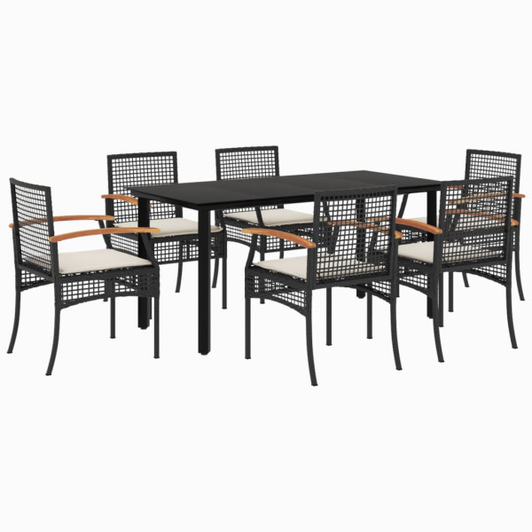 Set de comedor de jardín 7 pzas y cojines ratán sintético negro M 2