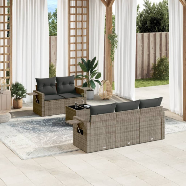 6 pcs conjunto sofás de jardim com almofadões vime cinzento D