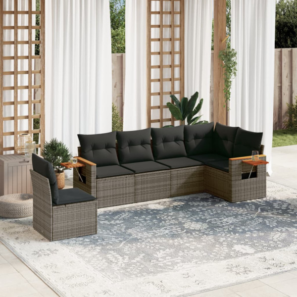 Set de muebles de jardín 6 pzas y cojines ratán sintético gris D