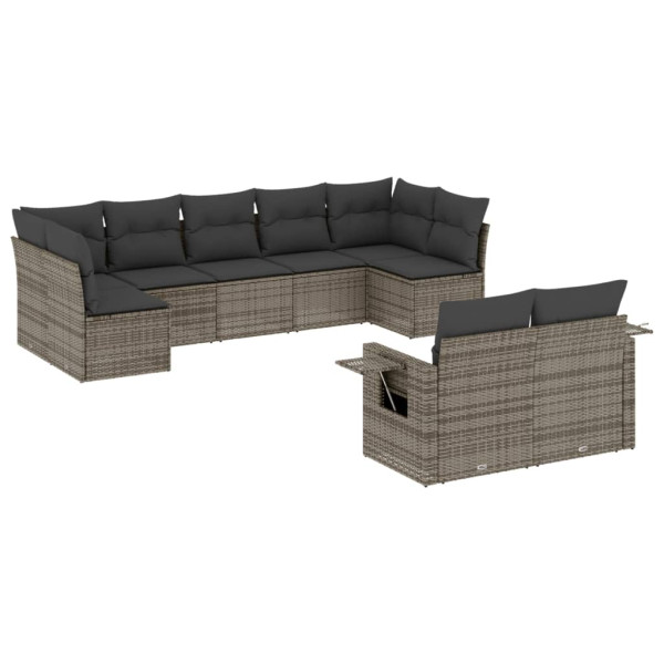 Set de muebles de jardín 9 pzas y cojines ratán sintético gris M 2