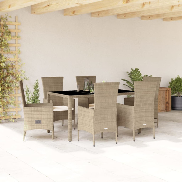 Set comedor de jardín 7 pzas con cojines ratán sintético beige D