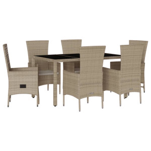 Set comedor de jardín 7 pzas con cojines ratán sintético beige H