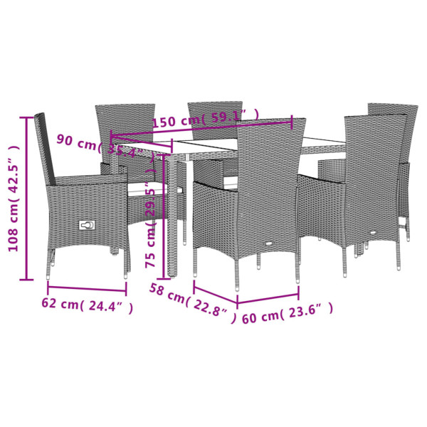 7 pcs conjunto de jantar p/ jardim com almofadões vime PE bege M 5