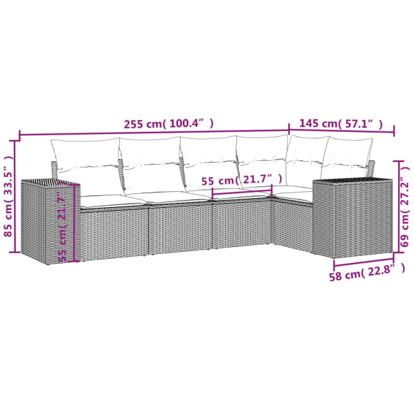 5 pcs conjunto sofás de jardim com almofadões vime PE preto M 3
