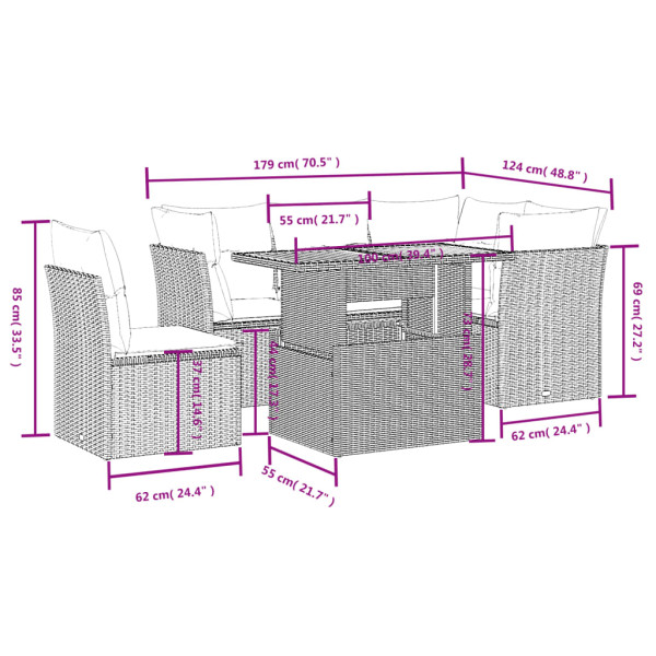 5 pcs conjunto sofás de jardim com almofadões vime PE preto M 3