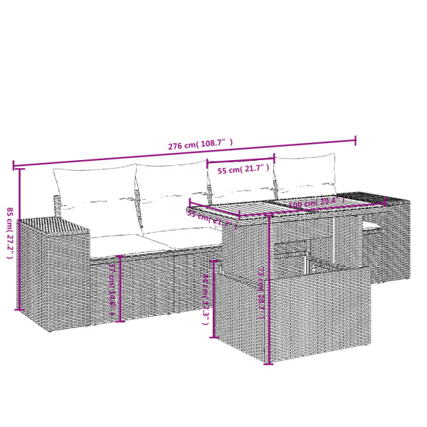 5 pcs conjunto sofás de jardim com almofadões vime PE preto M 3