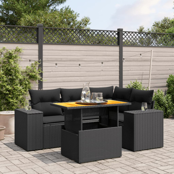 Set de muebles de jardín 5 pzas y cojines ratán sintético negro D