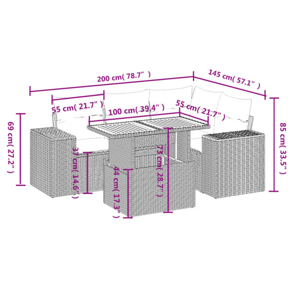 5 pcs conjunto sofás de jardim com almofadões vime PE preto M 3