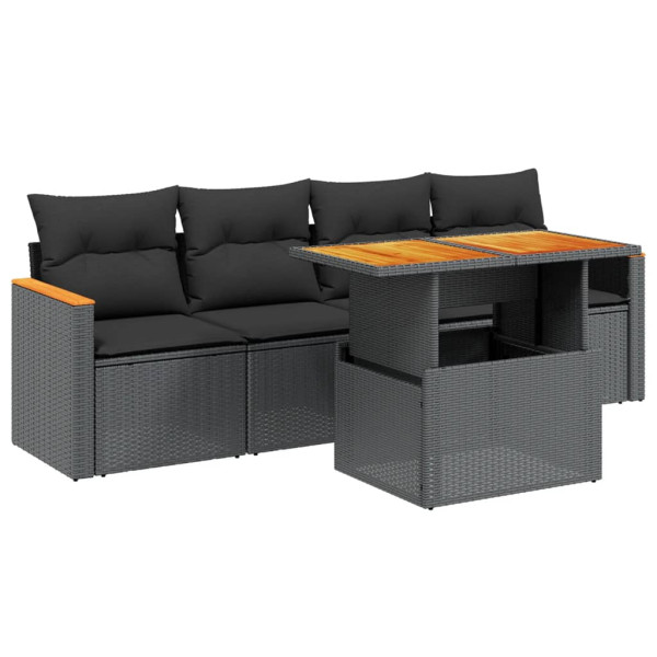 Set de muebles de jardín 5 pzas y cojines ratán sintético negro M 2