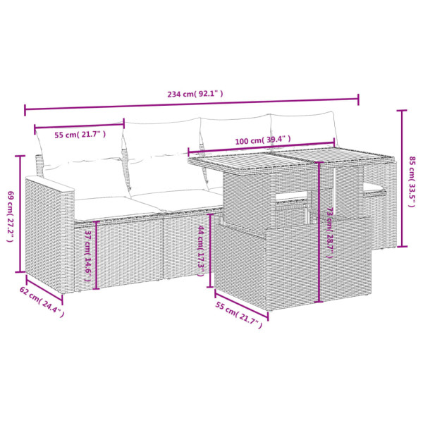 Set de muebles de jardín 5 pzas y cojines ratán sintético negro M 3