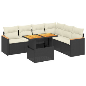 Set de comedor de jardín 7 pzas y cojines ratán sintético negro H