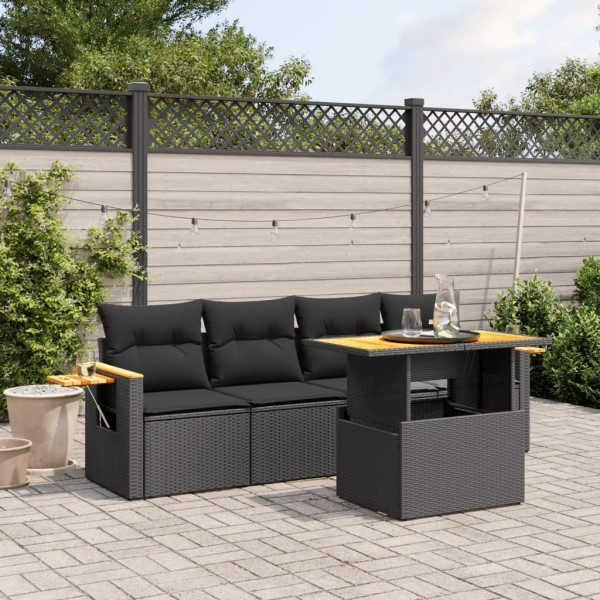 Set de muebles de jardín 5 pzas y cojines ratán sintético negro D