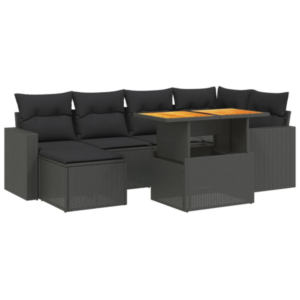 Set de comedor de jardín 7 pzas y cojines ratán sintético negro M 2