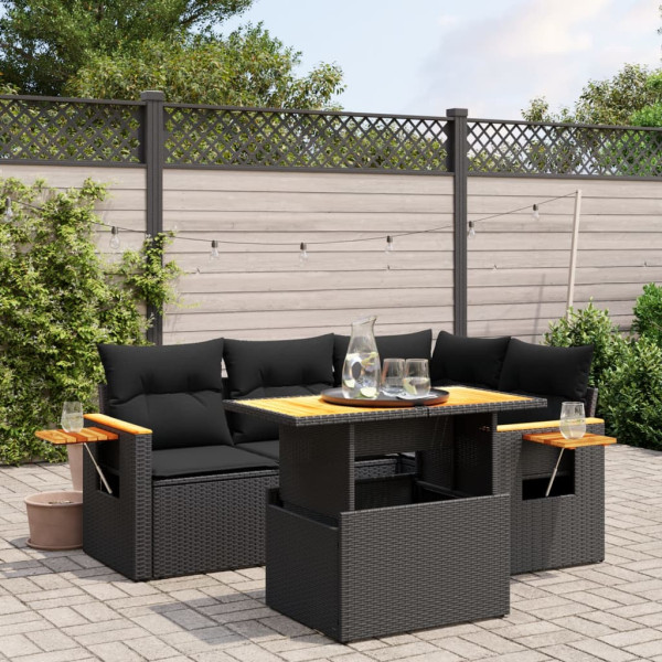 5 pcs conjunto sofás de jardim com almofadões vime PE preto D