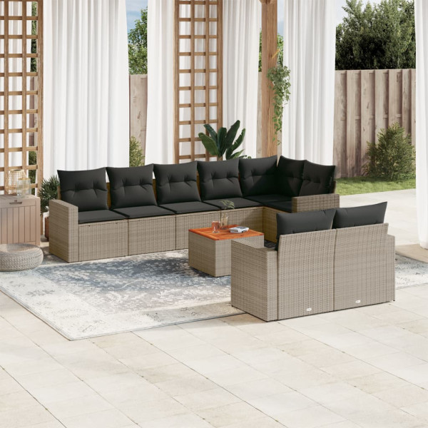 9 pcs conjunto sofás p/ jardim com almofadões vime PE cinzento D