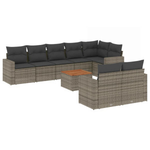 9 pcs conjunto sofás p/ jardim com almofadões vime PE cinzento H