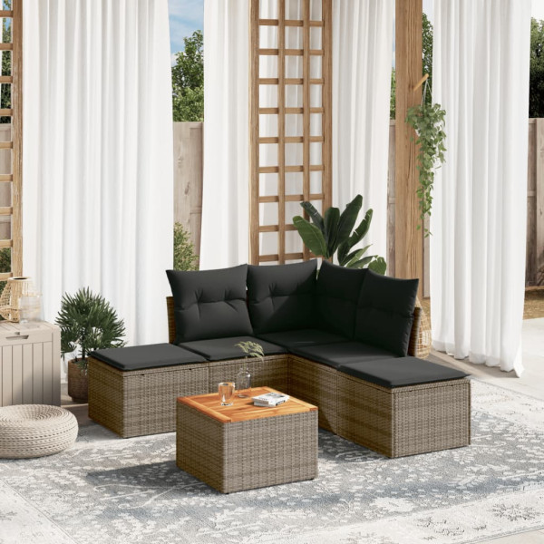 Set de muebles de jardín 6 pzas y cojines ratán sintético gris D