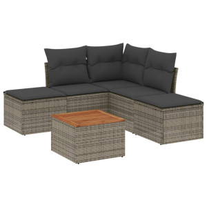 Set de muebles de jardín 6 pzas y cojines ratán sintético gris H