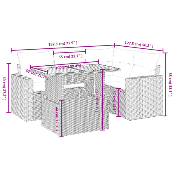 5 pcs conjunto sofás de jardim com almofadões vime PE preto M 3