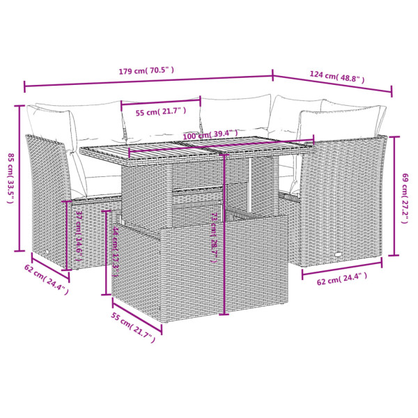 5 pcs conjunto sofás de jardim com almofadões vime PE preto M 3