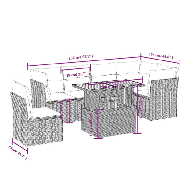 Set de comedor de jardín 7 pzas y cojines ratán sintético negro M 3