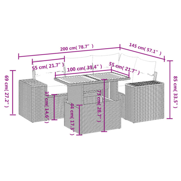 Set de muebles de jardín 5 pzas y cojines ratán sintético negro M 3