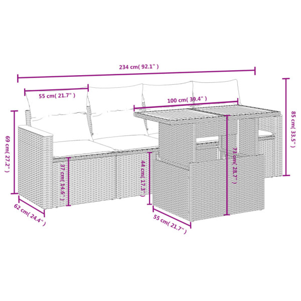 Set de muebles de jardín 5 pzas y cojines ratán sintético negro M 3