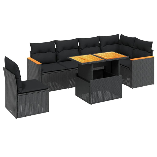 Set de comedor de jardín 7 pzas y cojines ratán sintético negro M 2