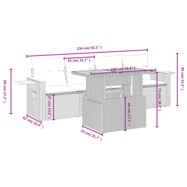 5 pcs conjunto sofás de jardim com almofadões vime PE preto M 3