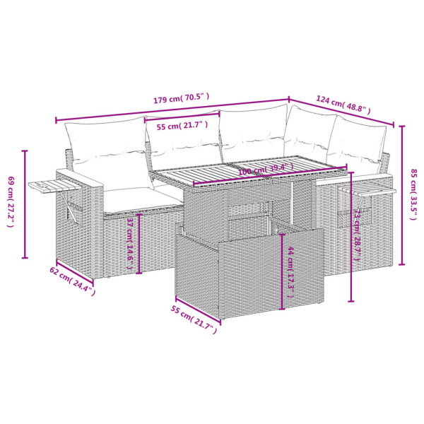 Set de muebles de jardín 5 pzas y cojines ratán sintético negro M 3