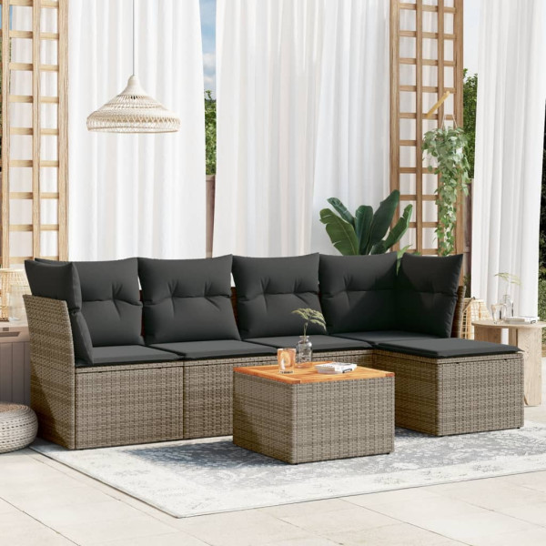 Set de muebles de jardín 6 pzas y cojines ratán sintético gris D