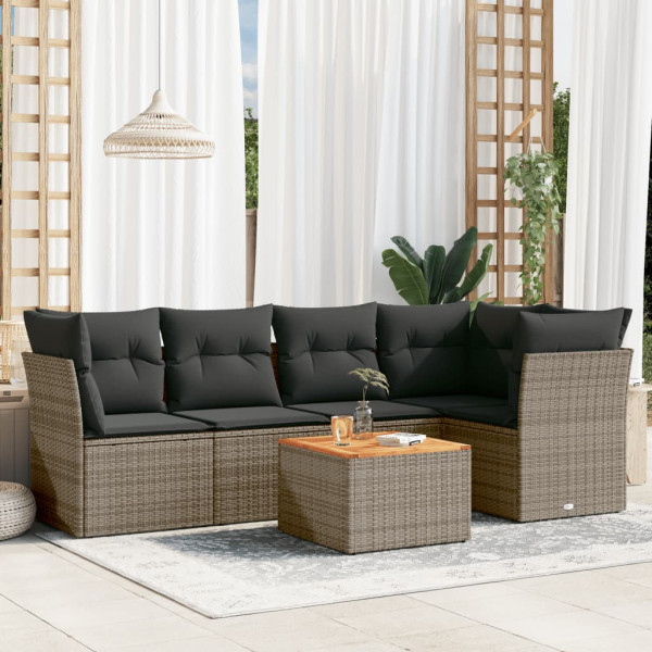 6 pcs conjunto sofás de jardim com almofadões vime cinzento D