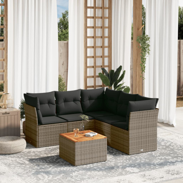 6 pcs conjunto sofás de jardim com almofadões vime cinzento D